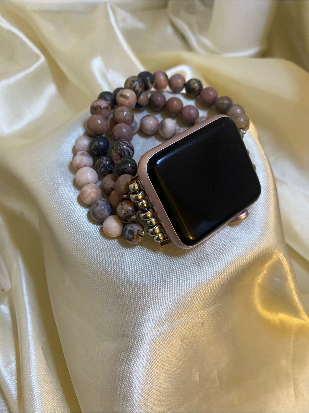 Rhodonite Gemstone Apple Watch Band 3 Strand Pink Black Stone 42mm 44mm 45mm